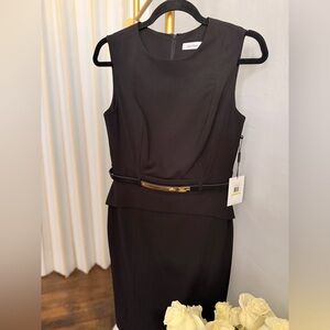 Calvin Klein Black Sleeveless Midi Sheath Dress with Gold Accent Belt